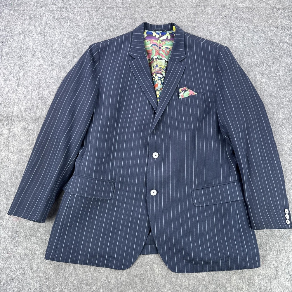 Robert Graham Sport Coat Mens 46 Navy Pinstripe Linen Classic Fit Two Button